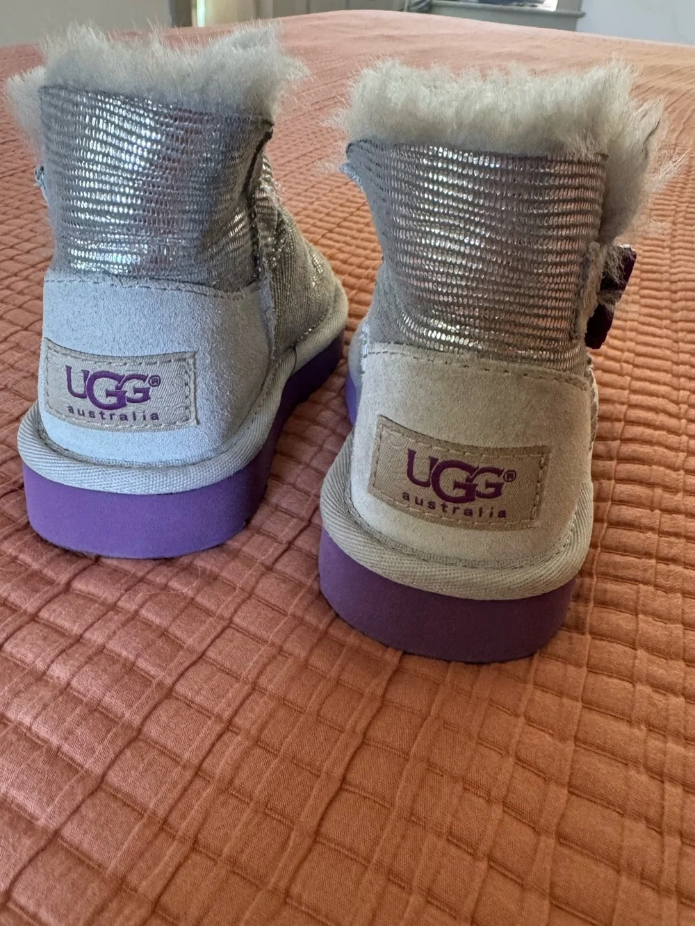 UGG Baby/Toddler Metallic Silver Ankle Boots with Purple Sole